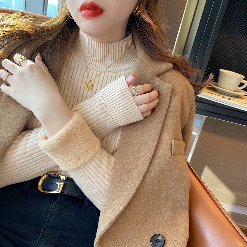 Sweater women's winter 2023 new thickened plus velvet semi-high collar bottom-shirt autumn winter internal lap integrated suede white blouses-Taobao