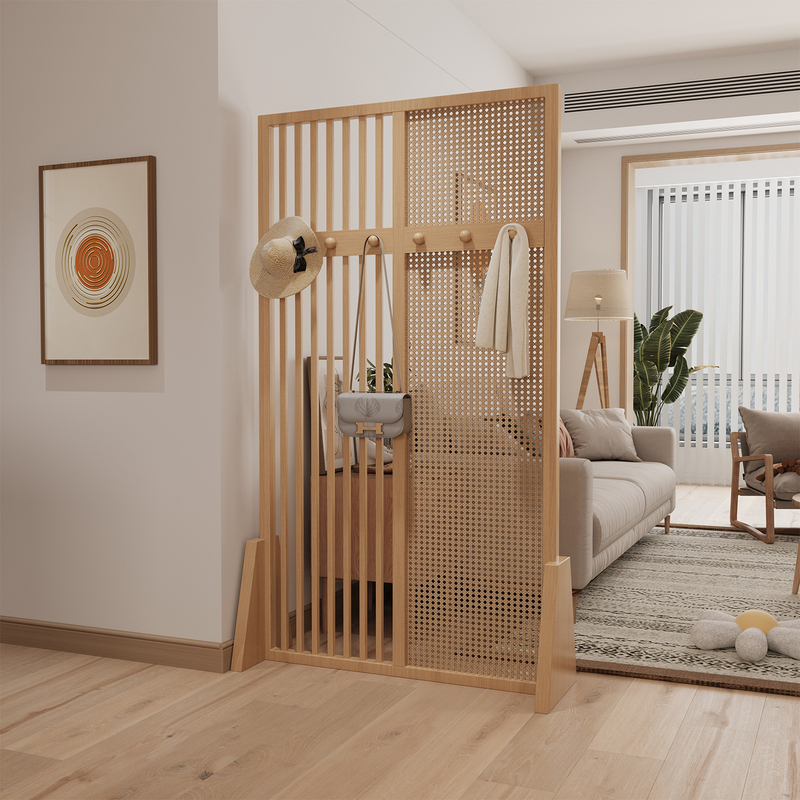 No-Drill, Movable Solid Wood Rattan Screen Partition for Living Room Entrance, Entryway Grille, Simple Clothing Rack