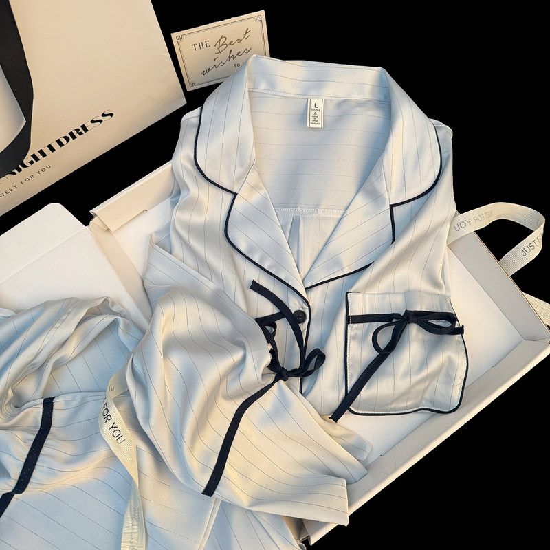 Comfortable Nights~ Simple yet Elegant! Ice Silk Pajamas for Women 2026 New Style High-End Striped Cardigan Set Comfortable Nights~ Simple yet Elegant! Ice Silk Pajamas for Women 2026 New Style High-End Striped Cardigan Set