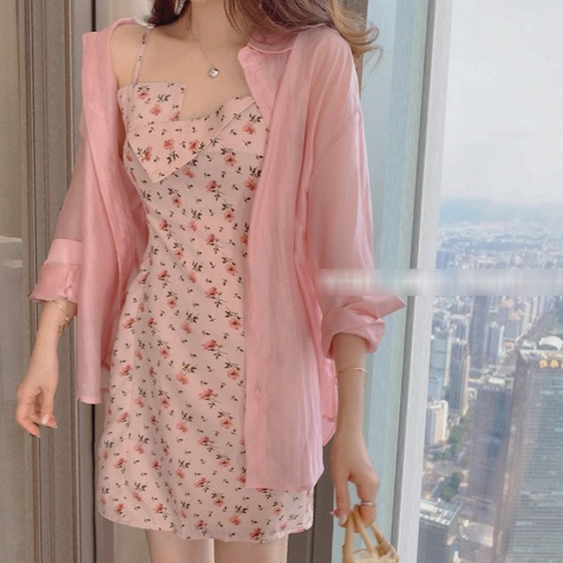 Early autumn 2021 new waist slim pink temperament sexy cardigan suspender floral dress two-piece dress