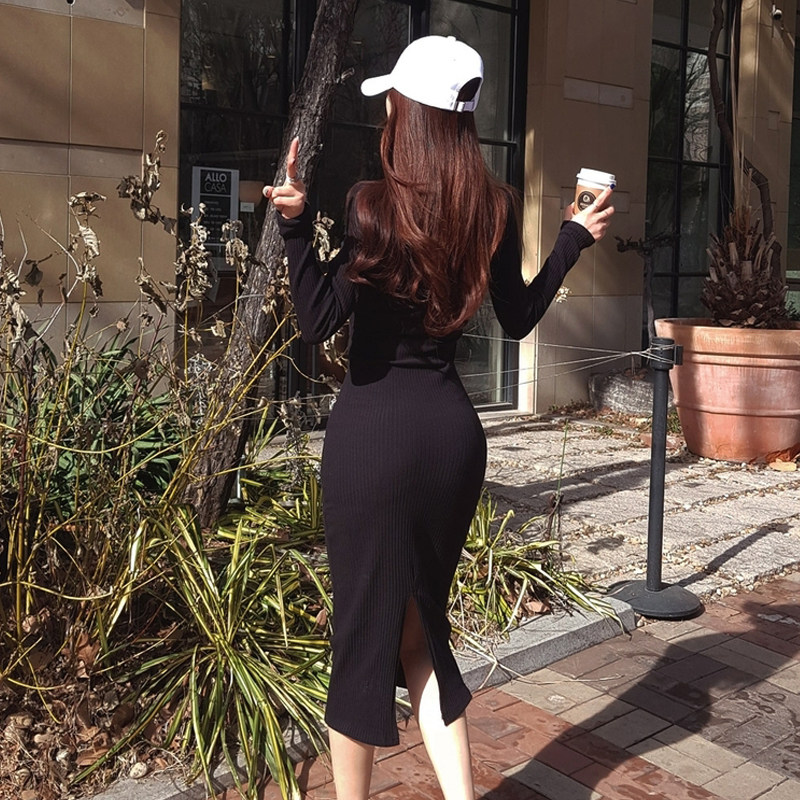 Korean version of Black Sexy Slim slim skinny skirt knitted base dress 2021 autumn and winter new dress