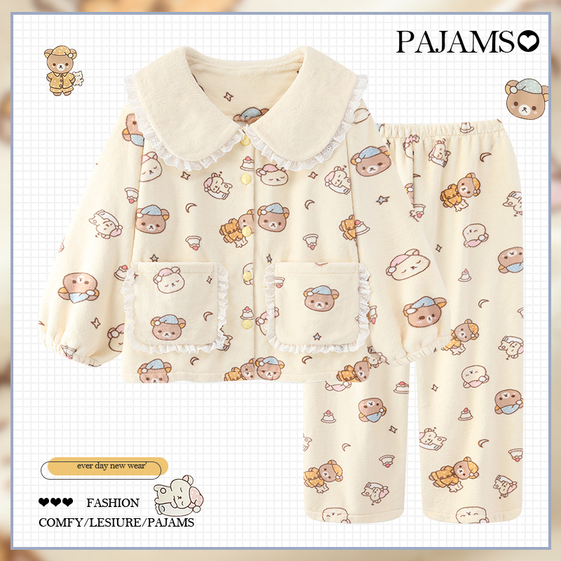 Rilakkuma Doll Collar Pajamas for Women, Autumn and Winter Coral Fleece, Thickened Flannel, Warm Winter Loungewear
