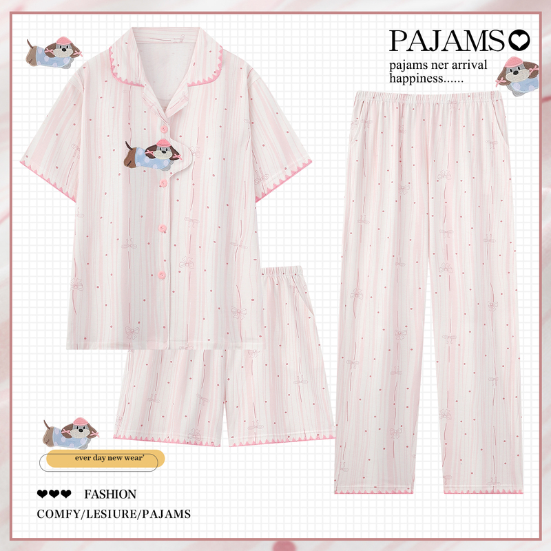 Dachshund Summer Three-Piece Pajamas for Women, Pure Cotton Short-Sleeved Thin Cartoon Style Student Summer 100% Cotton Home Clothes