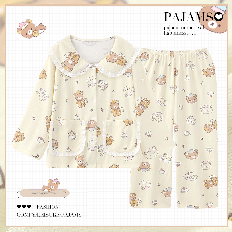 Rilakkuma Doll Collar Pajamas for Women, Spring and Autumn, Pure Cotton, Long-Sleeved, Thin, Cartoon Cute Autumn Loungewear Set