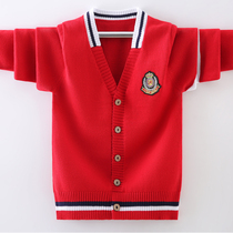 Boys knitted cardigan sweater jacket cotton spring and autumn middle and big childrens school uniform suit 7 primary school students British college style 8