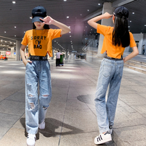 Girls suit 2021 new net red foreign style summer clothes childrens jeans middle-aged childrens two-piece wide-leg pants tide 12