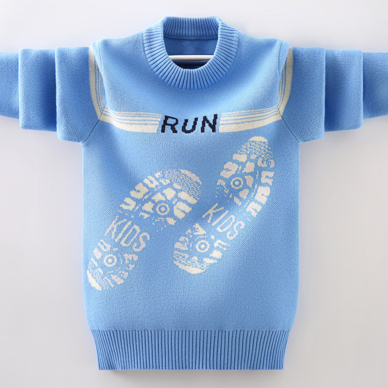 Children's sweater plus velvet thickening medium and big boy boy round neck autumn and winter pullover bottoming shirt 12 year old boy Korean version of the Western style
