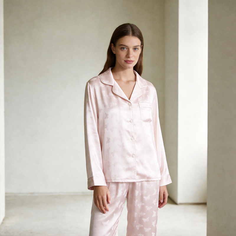 Cardigan Printed Ice Silk Pajamas for Women, Long-Sleeved, Lapel, Thin, Loose, Jacquard Butterfly Loungewear, Recommended as a Gift