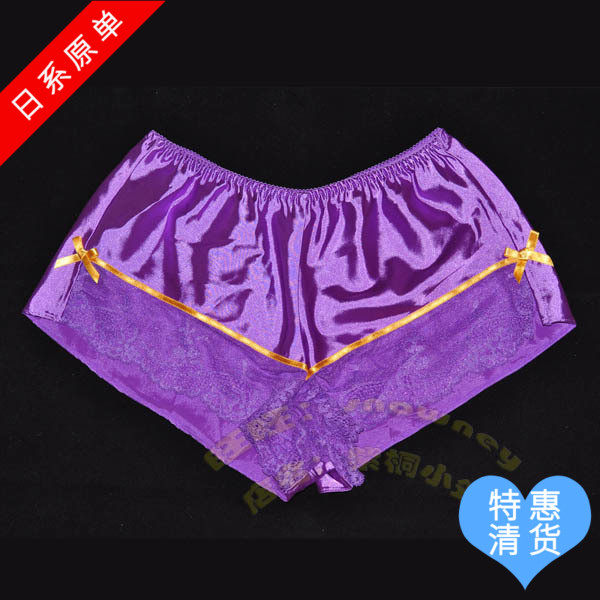 Korean foreign trade original single purple smooth satin with yellow ribbon cute bow sexy home shorts pajamas