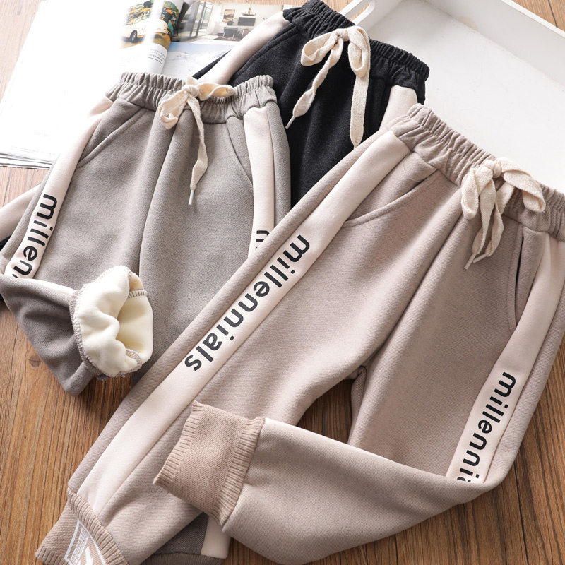One-piece velvet~Girls ' foreign school Korean version of the letter sweatpants Autumn and winter baby velvet thickened Wei pants drawstring bloomers
