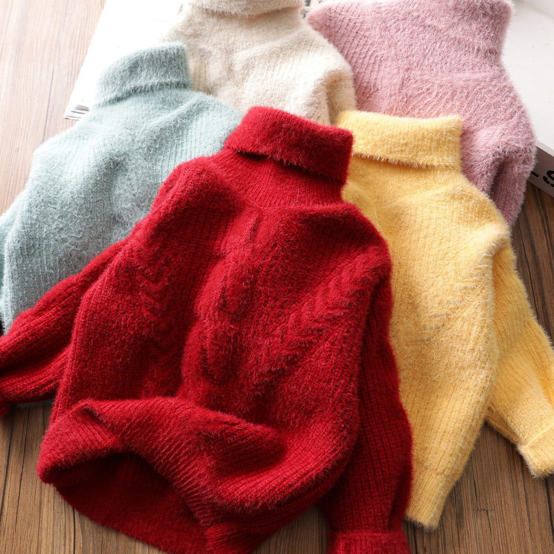 Girls Retro twist turtleneck sweater Baby thickened imitation mink sweater Large child warm pullover