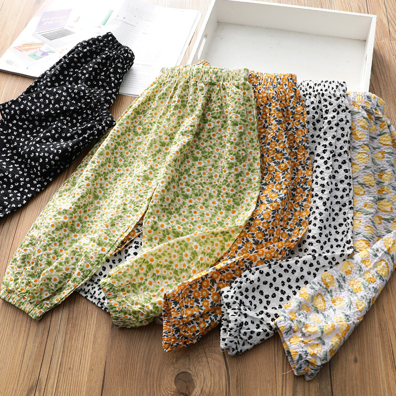 Salt Lattice Pure Cotton ~ Girl Crushed Flowers Slim light cage pants Summer new baby Ocean Casual 90% Anti-mosquito Pants