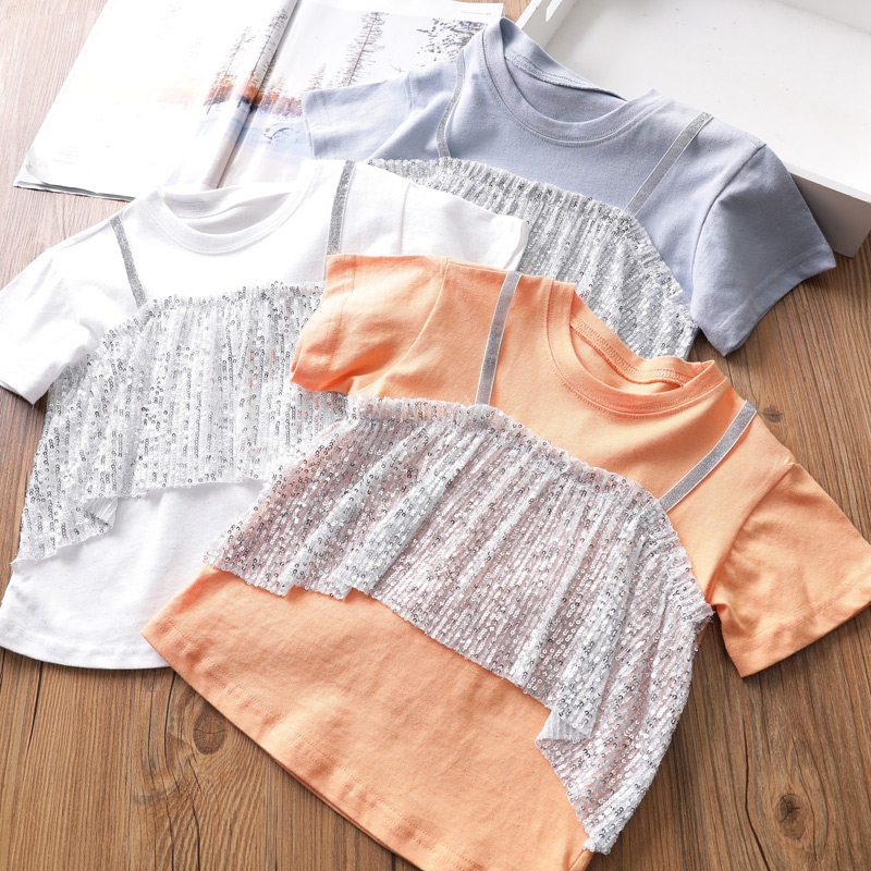 BINGBING flash girls fashion T-shirt summer new baby cotton children's T-shirt children's doll shirt Korean