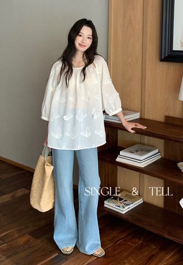single2025蝴蝶刺绣时尚百搭宽松显瘦长袖衬衫女休闲上衣25137-1