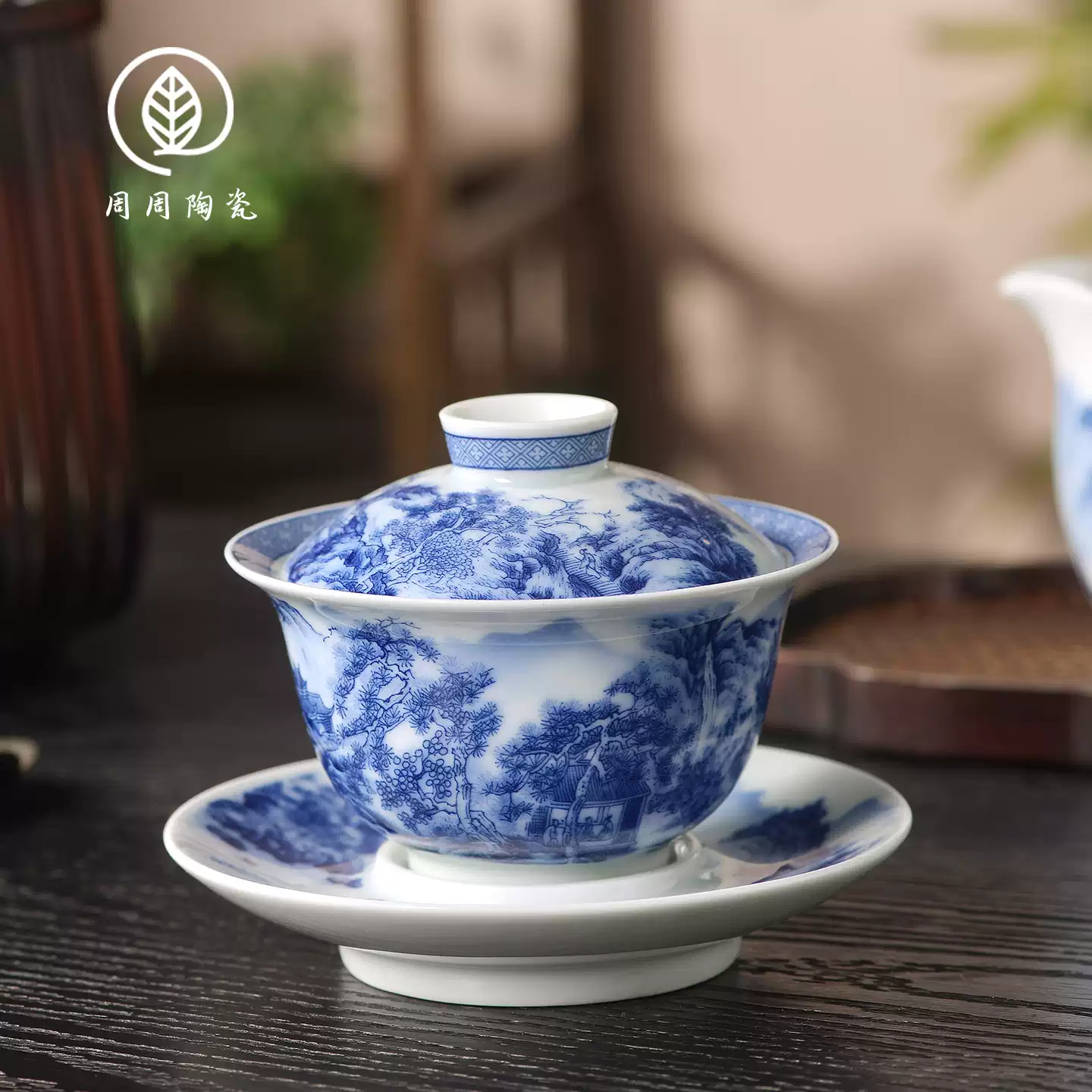 景徳鎮七丞堂陶磁青花釉里紅双獅滾繡球二才蓋碗 茶碗 煎茶器 新品未使用 景德鎮七丞堂青花獅子滾繡球二才蓋碗不燙手泡茶碗家用陶瓷杯大號