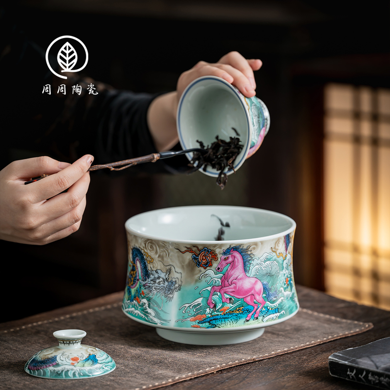 Jingdezhen Enamel Dragon and Horse Spirit Tea Washing Bowl, Household Tea Residue Jar, Ceramic Water Washing Waste Water Jar, Tea Ceremony Accessory