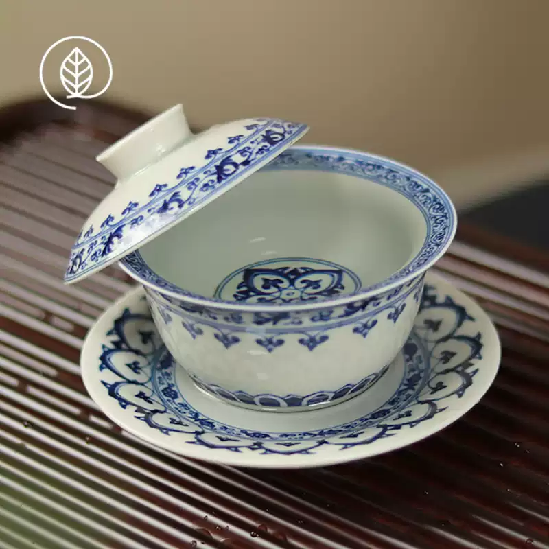 景徳鎮七丞堂陶磁青花釉里紅双獅滾繡球二才蓋碗 茶碗 煎茶器 新品未使用 景德鎮七丞堂青花獅子滾繡球二才蓋碗不燙手泡茶碗家用陶瓷杯大號