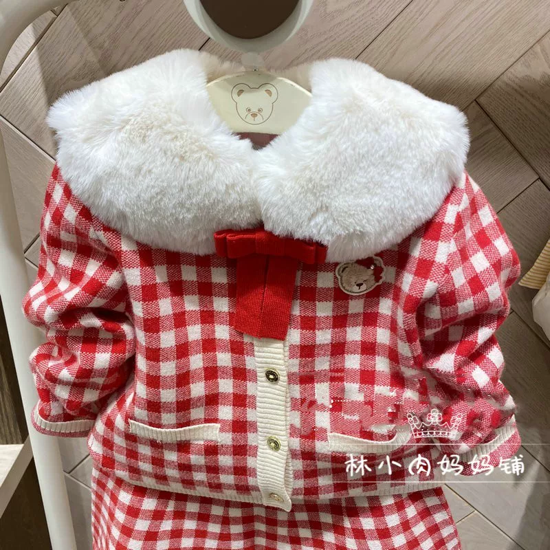 Осень кардиган, юбка, вязаный комплект, с маленькими медвежатами, детская одежда