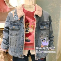  Spot special 2019 winter bear childrens clothing girls plus velvet denim jacket TKJE98T51O JE98T51O