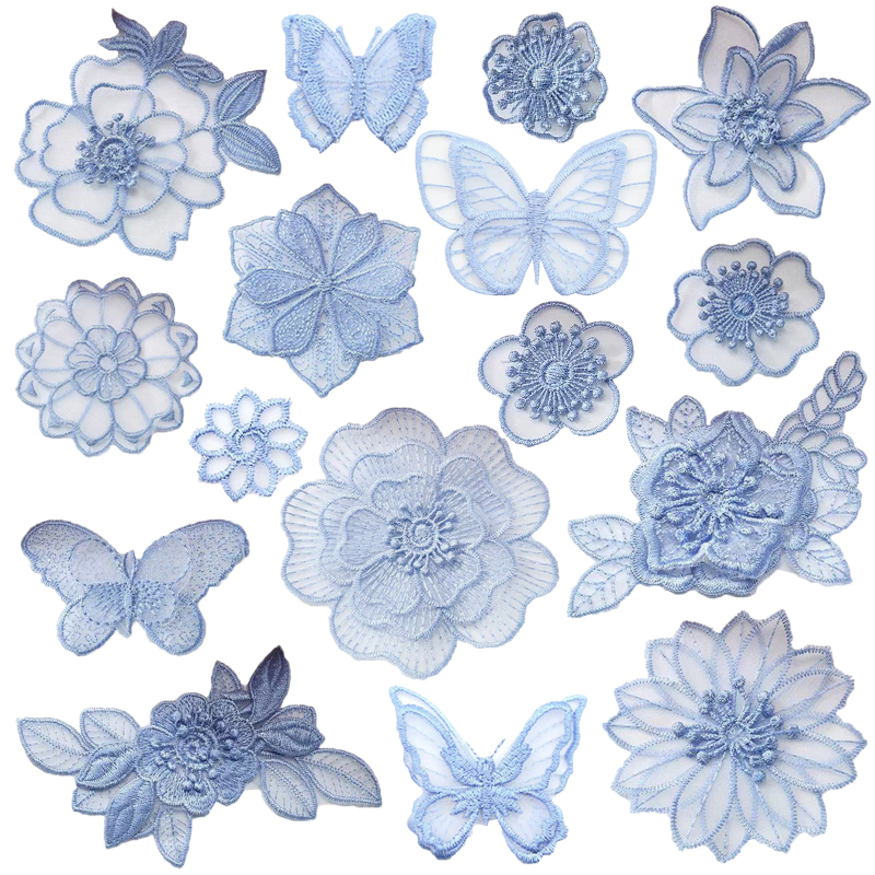 Self-Adhesive Blue Embroidered Lace Floral Pattern Fashion Fabric Patch for Dresses, Clothing, Hole Repair, Decorative Patch, Applique