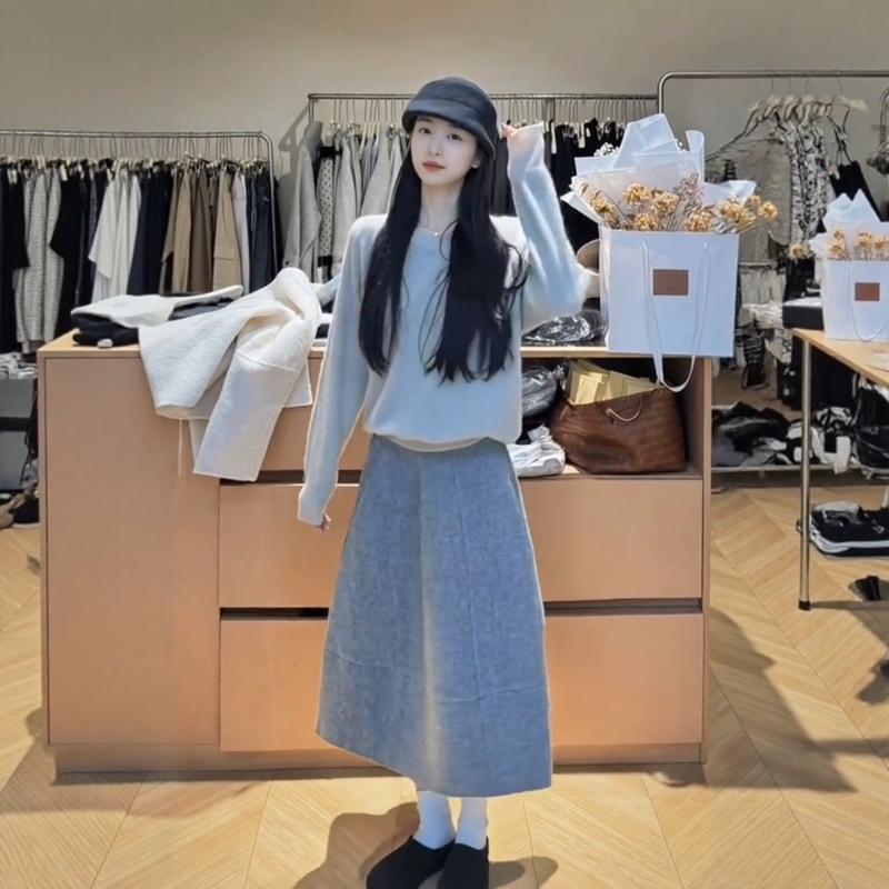 Spring Lazy Style Gray Long-Sleeved Knitwear High-Waisted A-Line Skirt Fashionable Slimming Casual Suit Two-Piece Set
