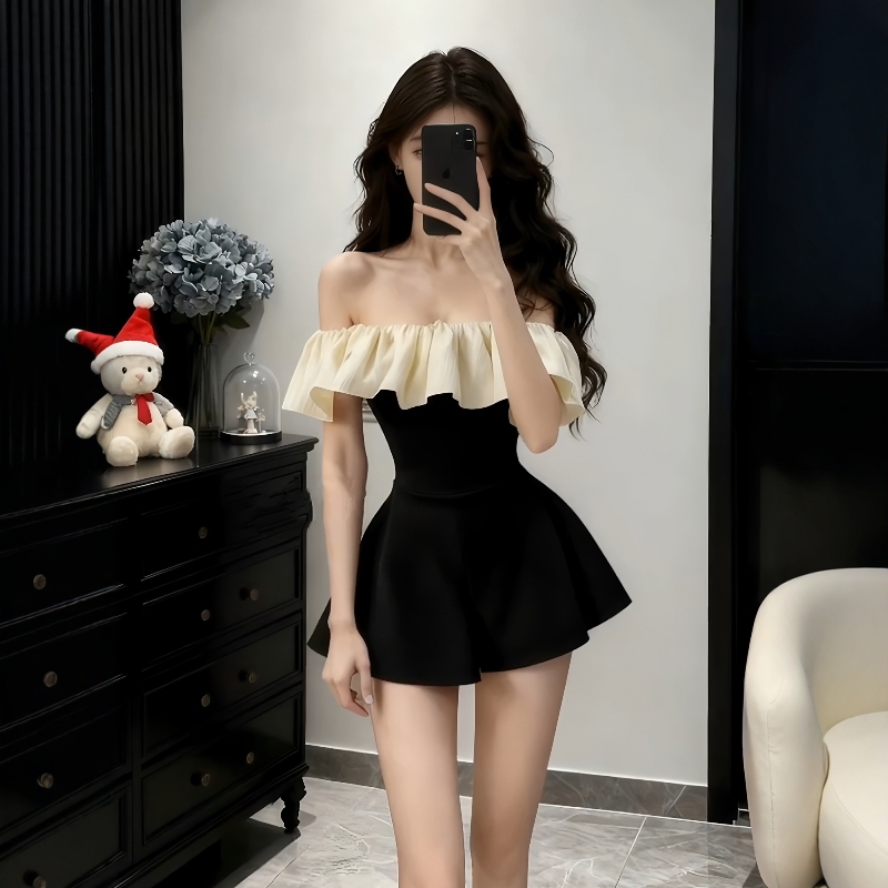 Elegant Black Off-Shoulder Jumpsuit for Women, Spring French Style, High-End, Waist-Cinching, Slimming, Off-Shoulder Short Skirt Pants