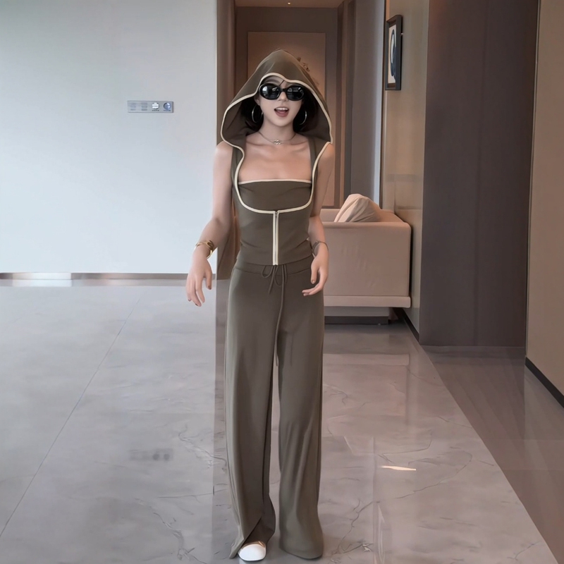 Fake Two-Piece Hooded Sleeveless Vest with Stylish Drape and Drawstring Wide-Leg Pants Two-Piece Set Summer Casual Hot Girl Outfit Fake Two-Piece Hooded Sleeveless Vest with Stylish Drape and Drawstring Wide-Leg Pants Two-Piece Set Summer Casual Hot Girl Outfit