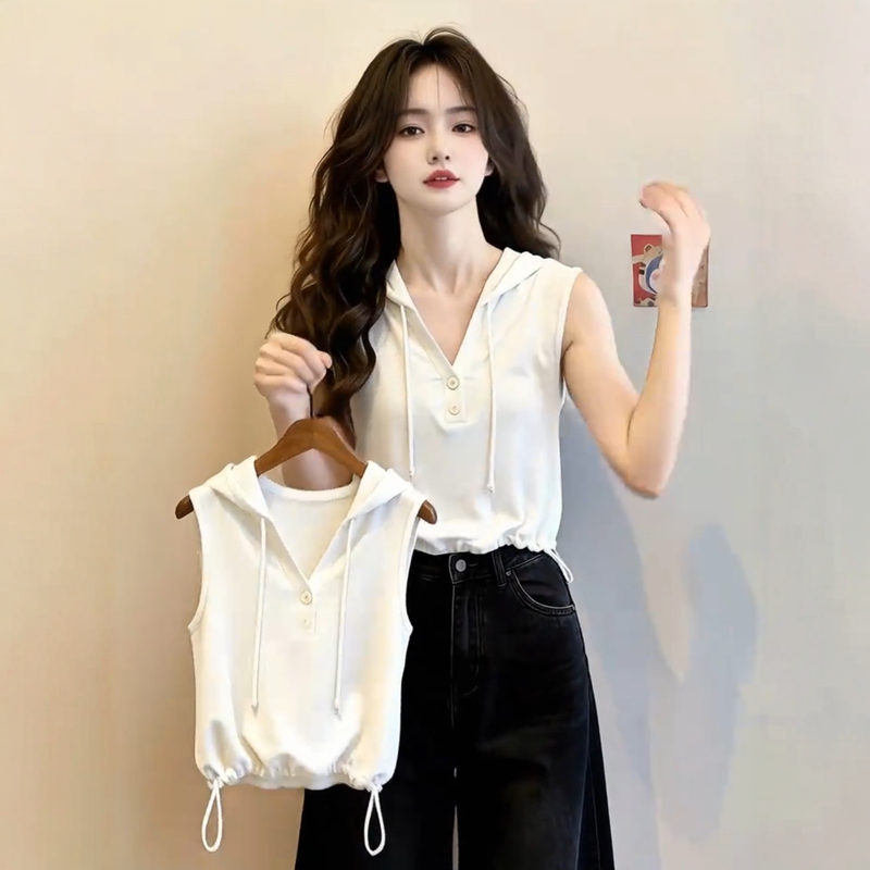 2026 Summer New Casual Fashion Sleeveless Top for Women with Unique Design Drawstring Hood Versatile Slimming Vest 2026 Summer New Casual Fashion Sleeveless Top for Women with Unique Design Drawstring Hood Versatile Slimming Vest