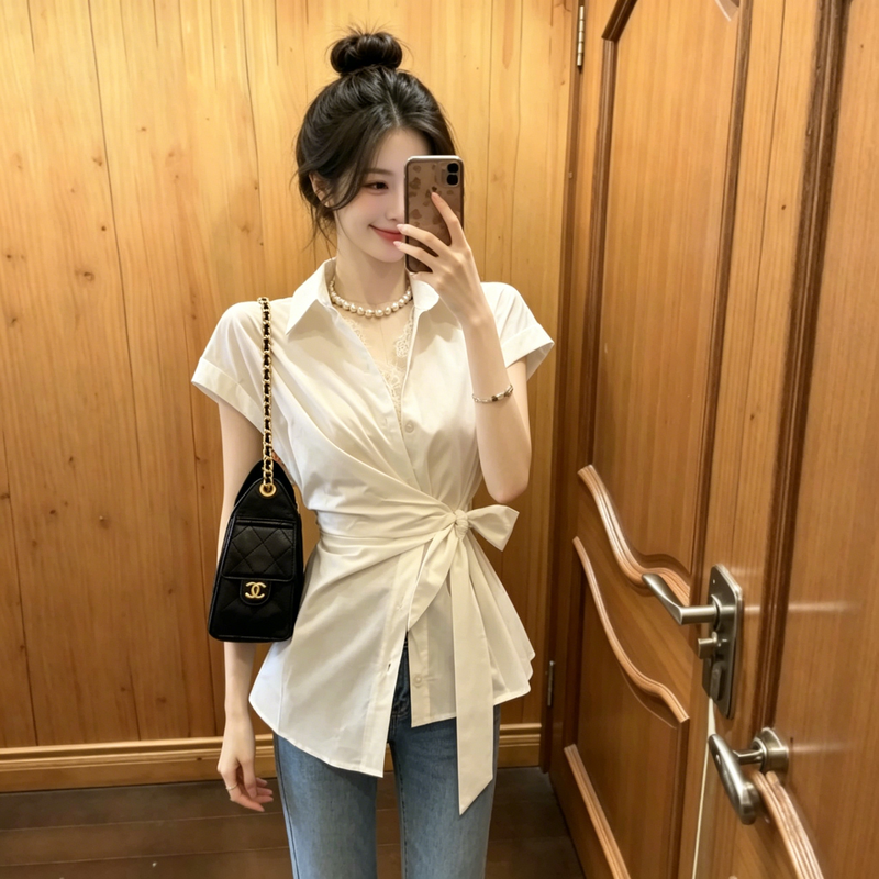 Pure and Elegant White Collared Lace-Up Waist-Cinching Short-Sleeve Shirt for Women, New Summer Lace Patchwork Faux Two-Piece Top Pure and Elegant White Collared Lace-Up Waist-Cinching Short-Sleeve Shirt for Women, New Summer Lace Patchwork Faux Two-Piece Top