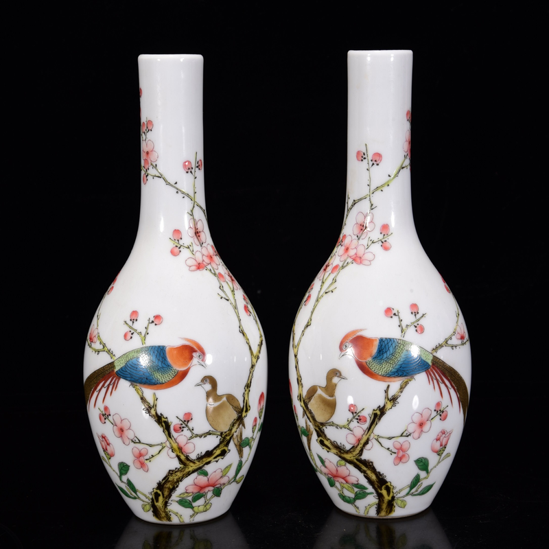 清雍正御制珐琅彩花鸟纹长颈瓶古瓷器收藏