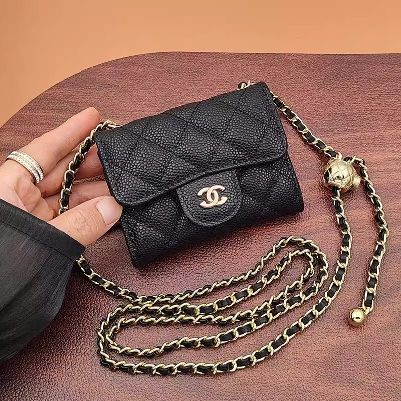 Caviar Leather Coin Purse Card Holder New Model for Women High-End Gold Ball Chain Mini Bag Cf Compact Fragrant Milk Light Luxury Caviar Leather Coin Purse Card Holder New Model for Women High-End Gold Ball Chain Mini Bag Cf Compact Fragrant Milk Light Luxury