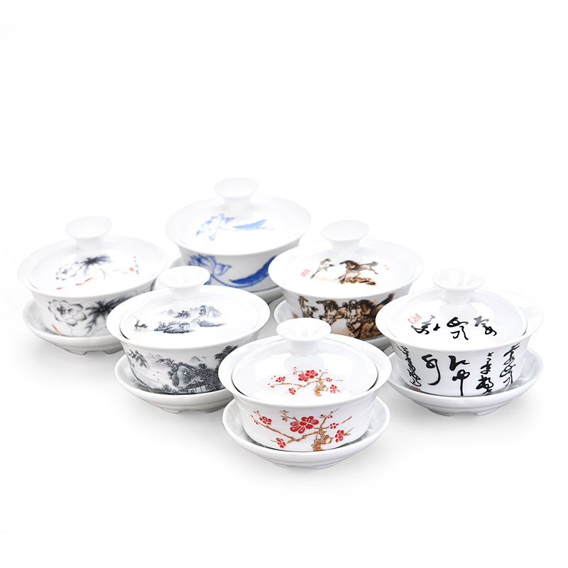 Qigfu tea with ceramic tea tea lid bowl tea cup big number green flower 3-only cup tea cup tea cup tea bowl