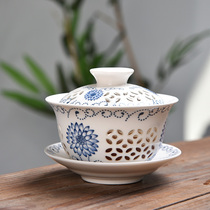 Gai bowl tea cup tea bowl large exquisite hollow hollow blue and white porcelain tea bowl ceramic white porcelain three talent Bowl hand grab pot
