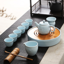 Ceramic kung fu tea set set whole set of celadon ice crack set tea cup teapot home living room tea cup white porcelain