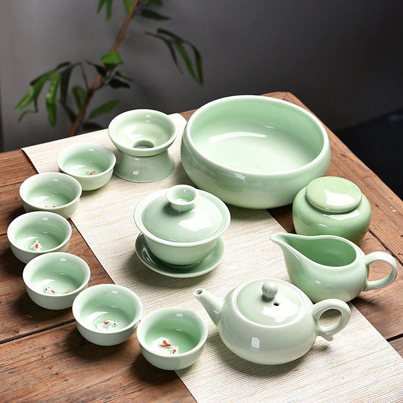 Tea Set Group Kung Fu Tea Set Whole Green Porcelain Minimalist ceramic Tea Road cover Bowl Teapot Domestic Tea Cup Suit