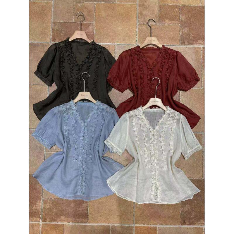 2026 Summer Bs European Station New Style Yy.Design Fashion V-Neck Lace Ruffle Casual Short Sleeve Shirt for Women
