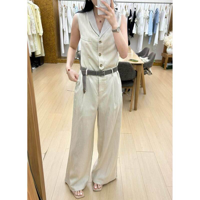 European Station the Ruo Summer New 2026 French V-Neck Single-Breasted Ruched Waist Sleeveless Jumpsuit Long Pants