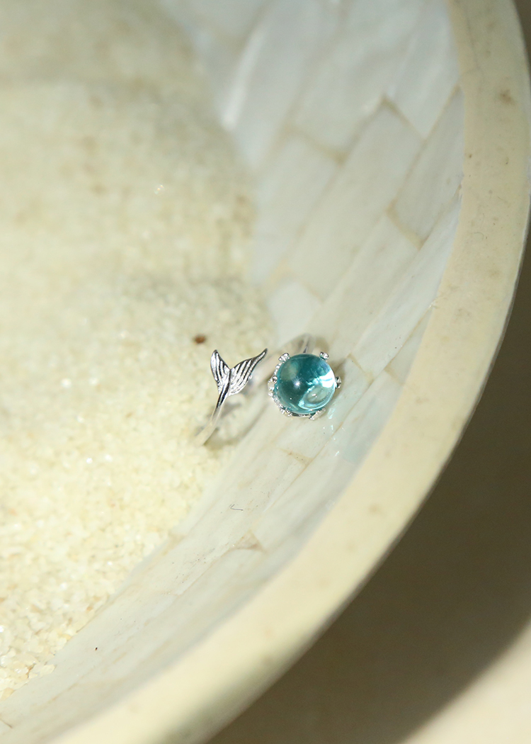 Ánh sáng nàng tiên cá vòng bọt sterling bạc s925 bạc nữ nhẫn mở điều chỉnh pha lê đơn giản đuôi trang sức nhẫn trơn