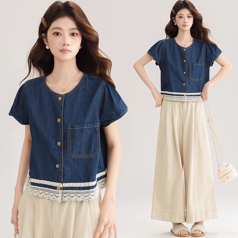Spliced Denim Short-Sleeved Shirt for Women, Korean Style, Lace, Thin, 2026 Sweet, Age-Reducing, Loose New Top