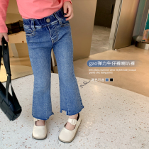 Girls Blue Stretch Flared Jeans Spring 2022 New Korean Version Kids Slim Versatile Pants Tide