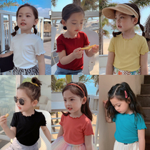 Mai Mai Qiu girl wooden ear spring summer little girl foreign air base shirt short sleeve thin round neck solid color childrens coat