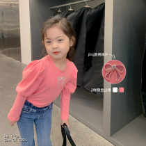 Girls short long sleeve t-shirt 2022 new Korean version of the little girl puff sleeves bow foreign underbody top
