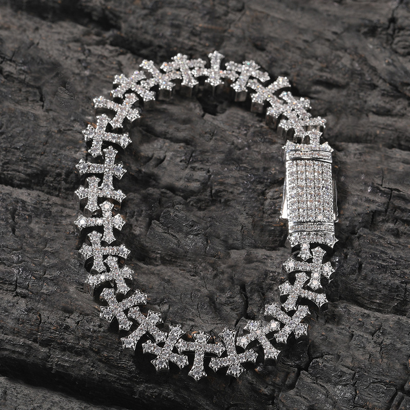 11.5mm Wide Cross-Shaped Hip-Hop Necklace, Versatile Light Luxury Copper Inlaid Zircon Unisex Trendy Bracelet