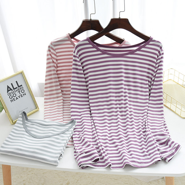 Modal cotton striped pajama tops ບາງໆຂອງແມ່ຍິງດຽວສິ້ນຂະຫນາດໃຫຍ່ທີ່ມີແຂນຍາວ bottoming ເສື້ອ summer, ພາກຮຽນ spring ແລະດູໃບໄມ້ລົ່ນເຄື່ອງນຸ່ງຫົ່ມດູໃບໄມ້ລົ່ນແບບທໍາມະດາ