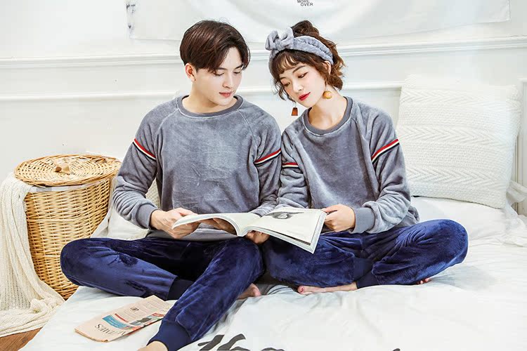 Flannel phù hợp với mùa thu và mùa đông phụ nữ và đồ ngủ nam ấm áp dày bộ đầu và chân là cặp vợ chồng mỏng dịch vụ nhà bộ đồ dễ thương cho nam nữ