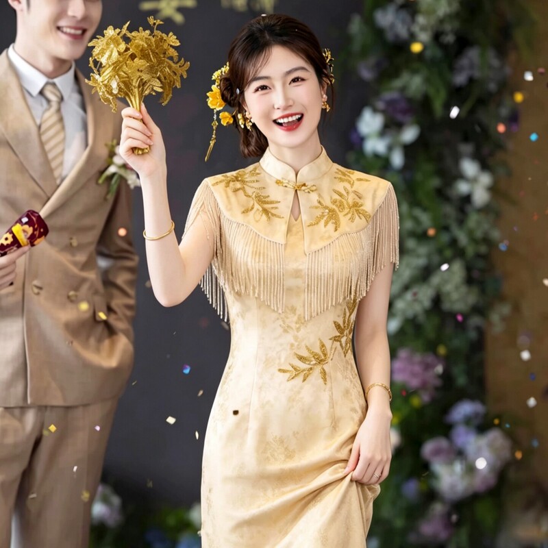 Golden Engagement Dress with Tassel Embroidery, Modern Chinese-Style Improved Cheongsam, Toast Dress, Bride's Morning Gown, Homecoming Banquet