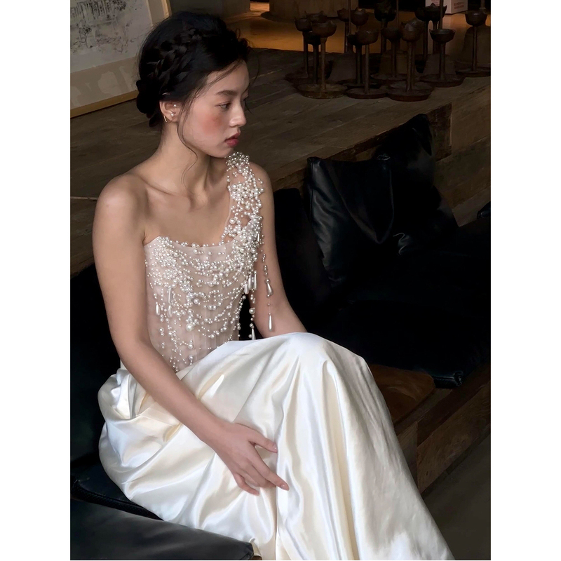 Vintage Light Wedding Dress, Niche Light Luxury Satin, Simple and Lightweight, Going-Out Dress, High-End Heavy Craftsmanship Morning Gown for the Bride