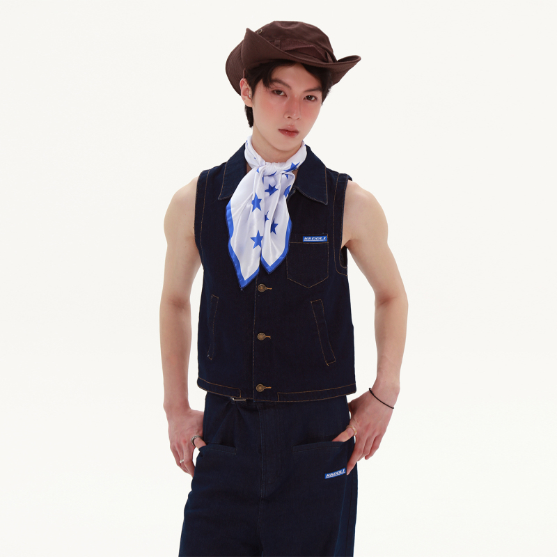 Kdl Kadoili Xia Original American Retro Dark Blue Spicy Boy Style Slim-Fit Cardigan Sleeveless Denim Vest