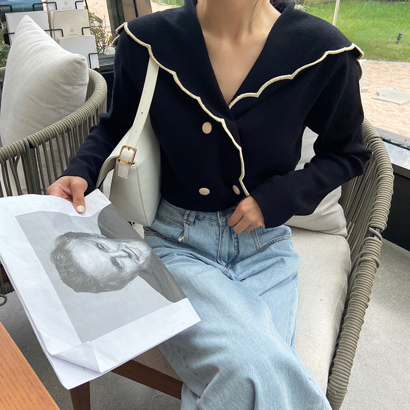 Grey-fried with retro-vintage gentle and lazy style Lazy Wind Double-Row Buttoned Loose Needle Weaselwear Navy sweater Long sleeve blouse Women Fall