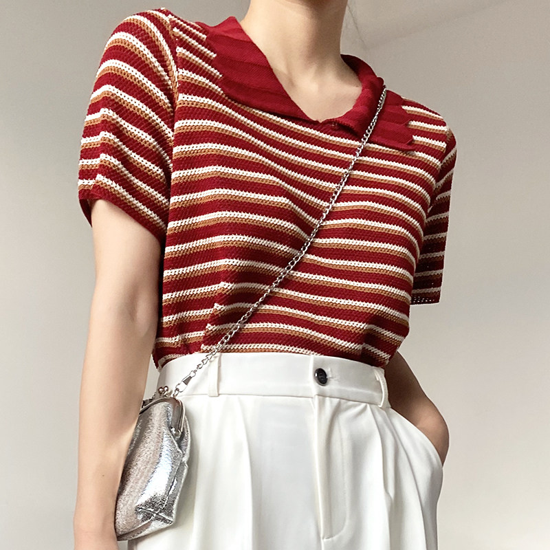 HUILIULIU sweet retro style striped POLO shirt women's summer Hong Kong style short-sleeved knitted sweater T-shirt cute lapel